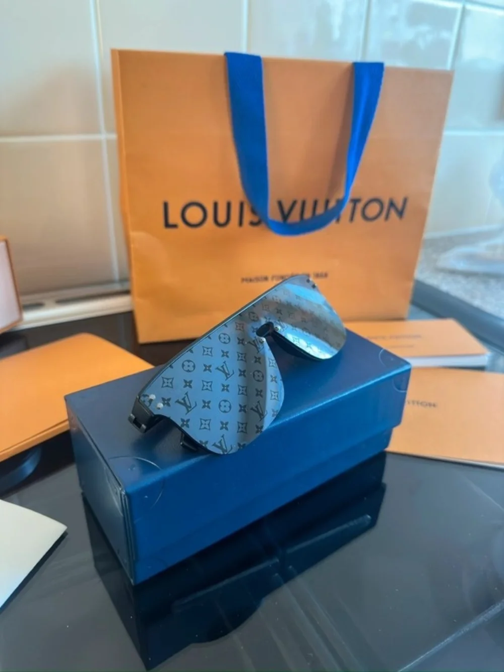 Louis Vuitton Black Monogram Shield Sunglasses with Navy Case